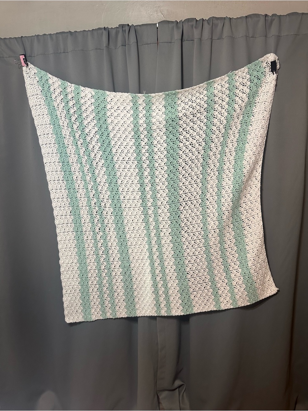 Hand Crafted White and Mint Crochet Throw Blanket